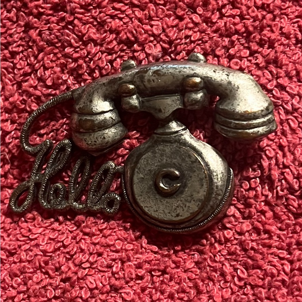 Rotary Telephone Pin Brooch Vintage Silver Pewter Tone With Hello